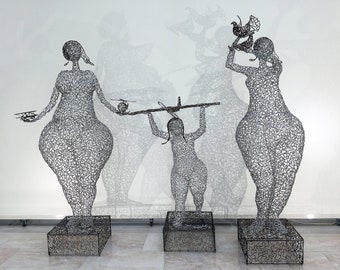 Metal wire sculpture, sculptural series of three female figures «Faith, Hope & Love»