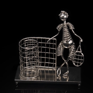 Tennis player near the fence, tennis figurine athlete figurines collection figurine desk figurine table decoration wire sculpture steel gift