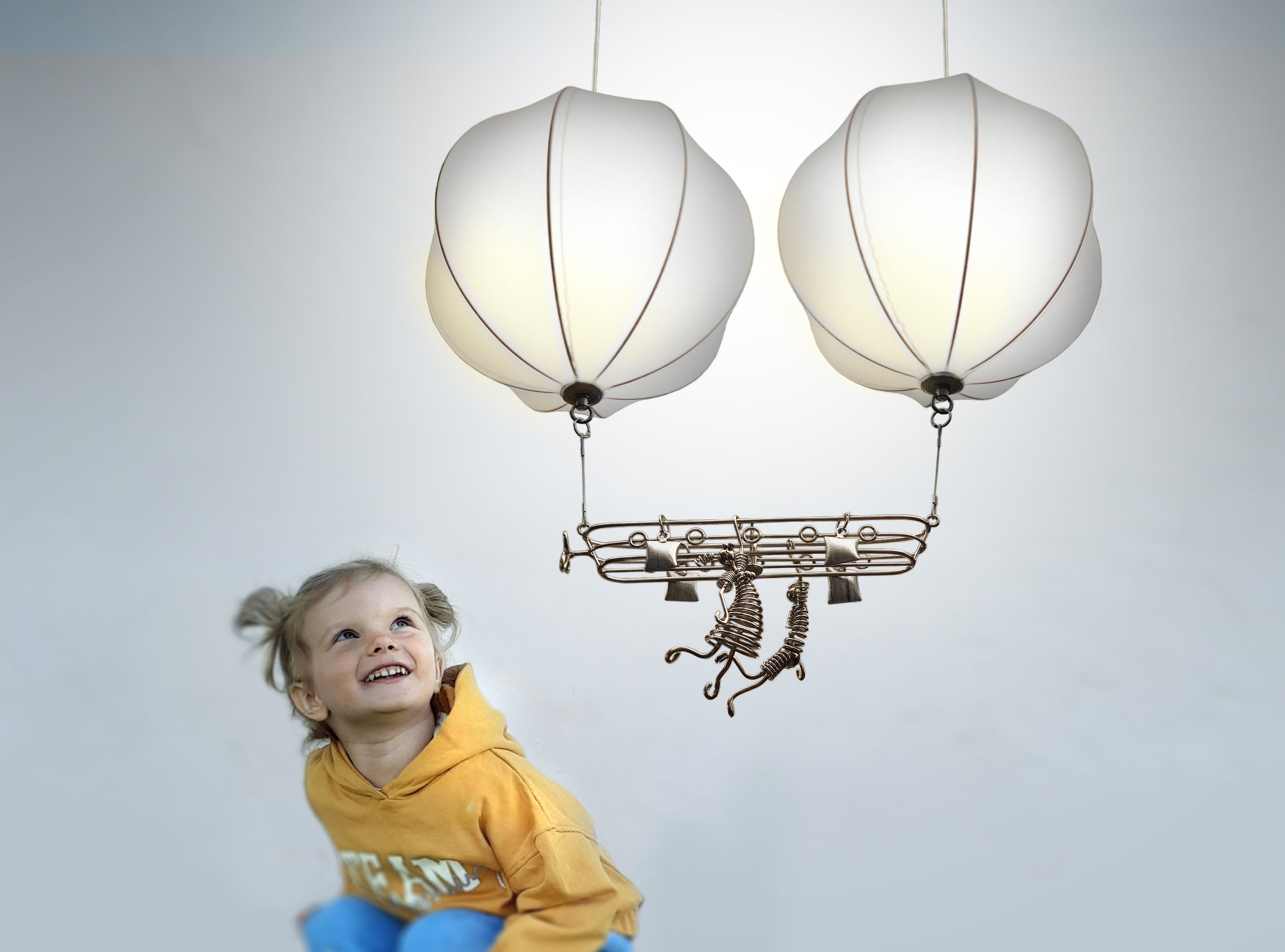 Double hot air balloon lamp shade, pendant light or decor. Hardwired or US/EU plug in. Fits Ul/Ce certified light socket. Boy Girl optional.