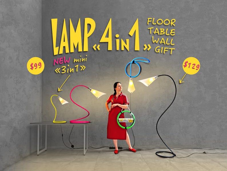Lámpara de pie «4 en 1»: Lámpara de pie, Lámpara de mesa, Aplique de pared con enchufe, Regalos prácticos. ¡NUEVO modelo mini «3 en 1» y NUEVOS colores!