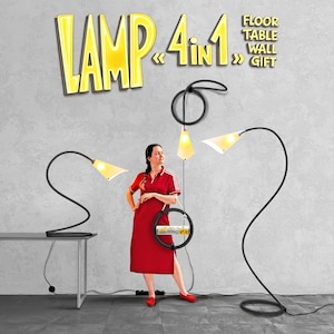 May include: A modern lamp design with the text "LAMP 4 in 1". The image shows a woman standing next to a table and a floor lamp. The lamps have a black frame and a yellow light.