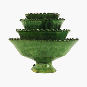 Moroccan Vintage Tamegroute Green Glazed Jagged Edge Pedestal Fruit Bowl Nesting Set, Handmade Ceramic Serving Bowl, Home Decor