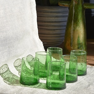 Recycled Moroccan Green Tumbler/Highball Glass, Sustainable, handmade, Handblown Glass, Recycled Beer Bottle, Home Decor