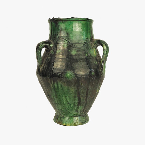 Moroccan Vintage 'Shaded Green' Glazed Tamegroute Large Three Earrings Ceramic Vase, Handmade Tribal Ceramic Decor,Decor Pottery,Glazed Vase