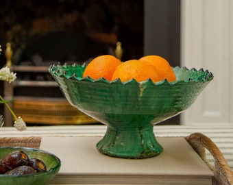 Moroccan Vintage Tamegroute Green Glazed Large Jagged Edge Pedestal Fruit Bowl, Handmade Ceramic Serving Bowl, Home Decor, Home Decor