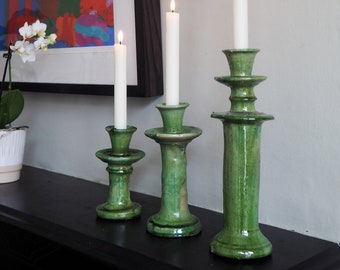Set of 3 Moroccan Vintage Tamegroute Green Candlestick Holders S, M, L , Handmade Ceramic Glazed Pottery, Birthday, Gifts, Home Decor