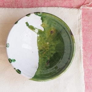 Moroccan Vintage Green & White Tamegroute Half and Half Glaze Granola Bowl/Dining Bowl, Handmade Ceramic Bowl, Handcrafted