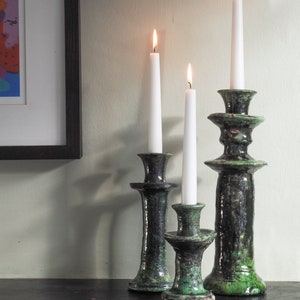 Moroccan Vintage Tamegroute 'Shaded Green' Candlestick Holder, Handmade Ceramic Glazed Pottery, Home Decor Set of 3 S, M, L