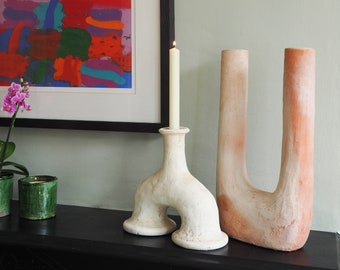 Curated Pair of Moroccan Unglazed Tamegroute Abstract  Sculptures/Candlestick Holders , Handmade Ceramic Pottery, Craftsmanship