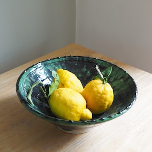 Moroccan Vintage Tamegroute &#39;Shaded Green&#39; Glazed Large Fruit Bowl, Handmade Ceramic Serving Bowl, Fruit Bowl, Handcrafted Home Decor