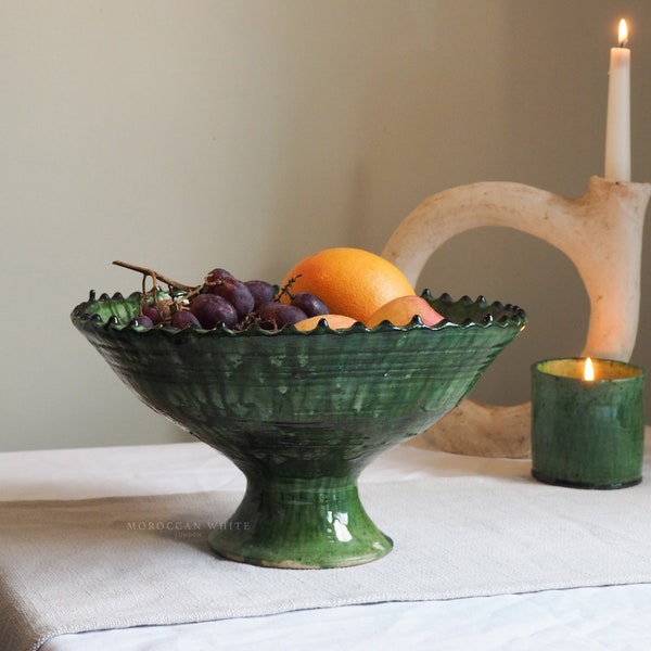 Moroccan Vintage Tamegroute Waterfall Green Glazed Jagged Edge Pedestal Fruit Bowl, Handmade Ceramic Serving Bowl, Home Decor