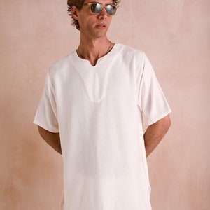 White Moroccan Kaftan Top, Linen T-Shirt, Handwoven Luxurious Silky Soft Loungewear, Beach Cover ups, Bohemian Resortwear, Short Sleeve