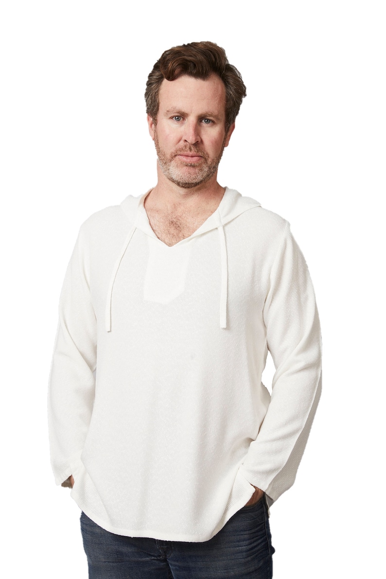 Witte Marokkaanse linnen hoodie loungewear, unisex handgeweven katoenen linnen shirt, luxe zijdezachte loungewear, strandkleding, cover-up, resortwear afbeelding 1