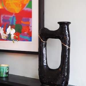 Moroccan Vintage Kintsugi Tamegroute Extra Large, Picasso Black Sculpture Candlestick Holder Handmade Ceramic Glazed Pottery Craftsmanship