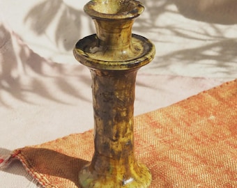 SECONDS SALE, Moroccan Vintage Tamegroute Ochre Candlestick Holder, Handmade Ceramic Glazed Pottery