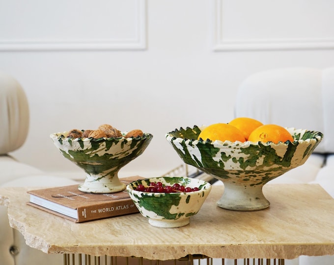 NEW SEASON SALE Moroccan Tamegroute x Puglia Splatter Design Jagged Edge Pedestal Fruit Bowl, Handmade Ceramic Serving Bowl, Raw Clay