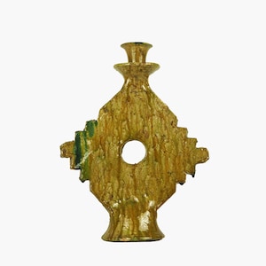 Moroccan Ochre Glazed Tamegroute Large Gothic Abstract Candlestick Holder, Handmade Ceramic Glazed Pottery, Authentic Craftsmanship