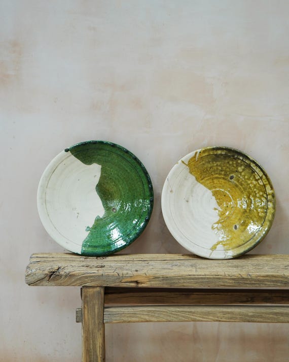 SUMMER SALE Moroccan Vintage Tamegroute Half Glazed Medium Platter, Handmade Ceramic Platter, Serving Cake Stands, Catch All Dish, Ochre