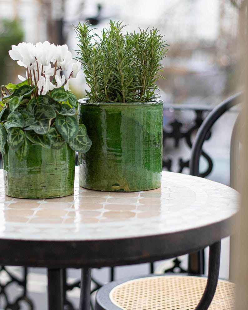 May include: Two potted plants on a white tiled table. The plant on the left has white flowers and green leaves. The plant on the right has green leaves and is in a green ceramic pot. The table is black with a white tiled top.