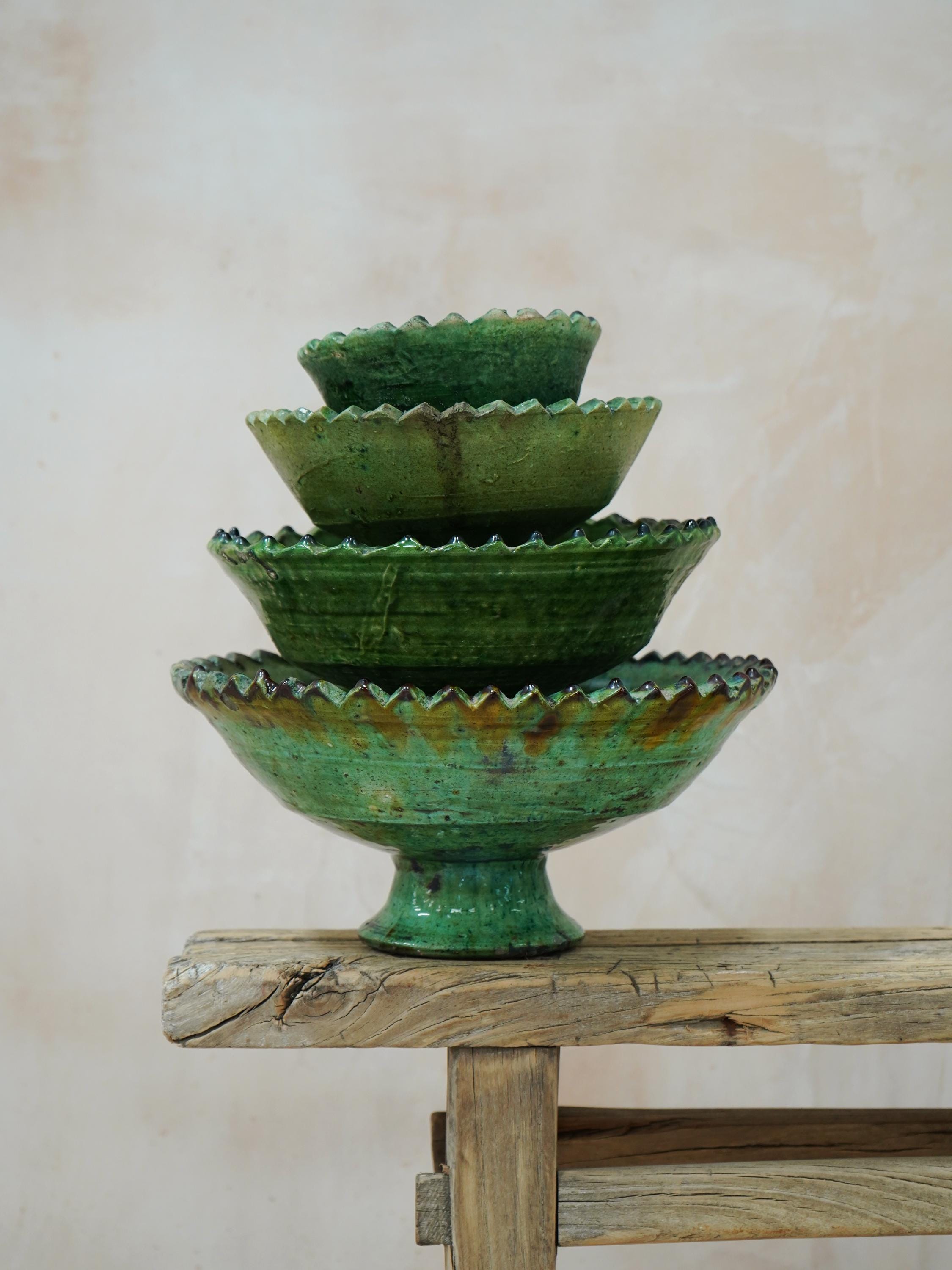 SECONDS SALE Moroccan Vintage Tamegroute Pedestal Bowls, Handmade Ceramic Glazed Pottery, Home Decor, Nesting Bowls