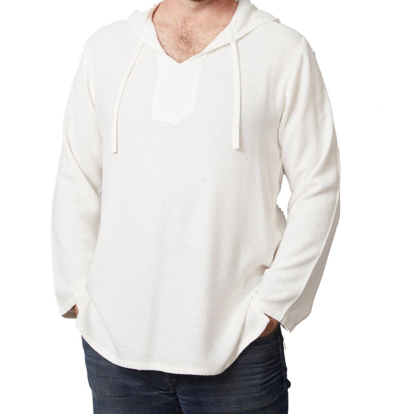 Witte Marokkaanse linnen hoodie loungewear, unisex handgeweven katoenen linnen shirt, luxe zijdezachte loungewear, strandkleding, cover-up, resortwear afbeelding 2