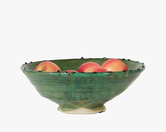 Moroccan Vintage Tamegroute Green Glazed Large Fruit Bowl, Handmade Ceramic Serving Bowl, Fruit Bowl, Handcrafted Home Decor