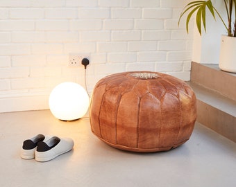 MID-SEASON SALE Deluxe Moroccan Tan Leather Motif Pouffe, Handmade Artisan Ottoman Pouffe, Bean Bag Footstool, Floor Cushion