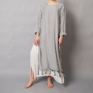 Moroccan Egyptian Cotton Thick Stripe Maxi Kaftan Dress with Handwoven Tassels, Beach Dress, Bohemian Beach Cover Ups, Gifts image 2