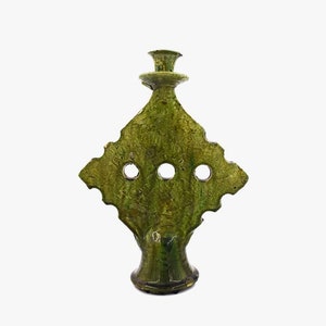 Moroccan One Of A Kind Vintage Tamegroute Large Gothic Abstract Candlestick Holder, Handmade Ceramic Glazed Pottery, Authentic Craftsmanship