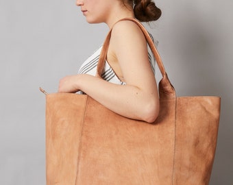 Buy Moroccan Large Light Brown Leather Tote Bag, Handmade