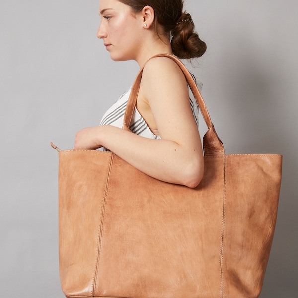 Moroccan Large Light Brown Leather Tote Bag, Handmade Oversized Shoulder Shopper Bag, Premium Quality Travel Bag, Sustainable Work Handbag