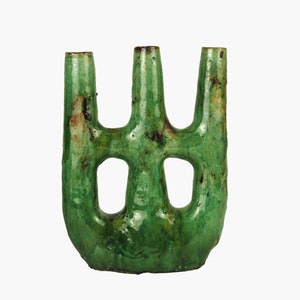 Moroccan Tamegroute Abstract Green Picasso Sculpture Triple Candlestick Holder Handmade Ceramic Craftsmanship