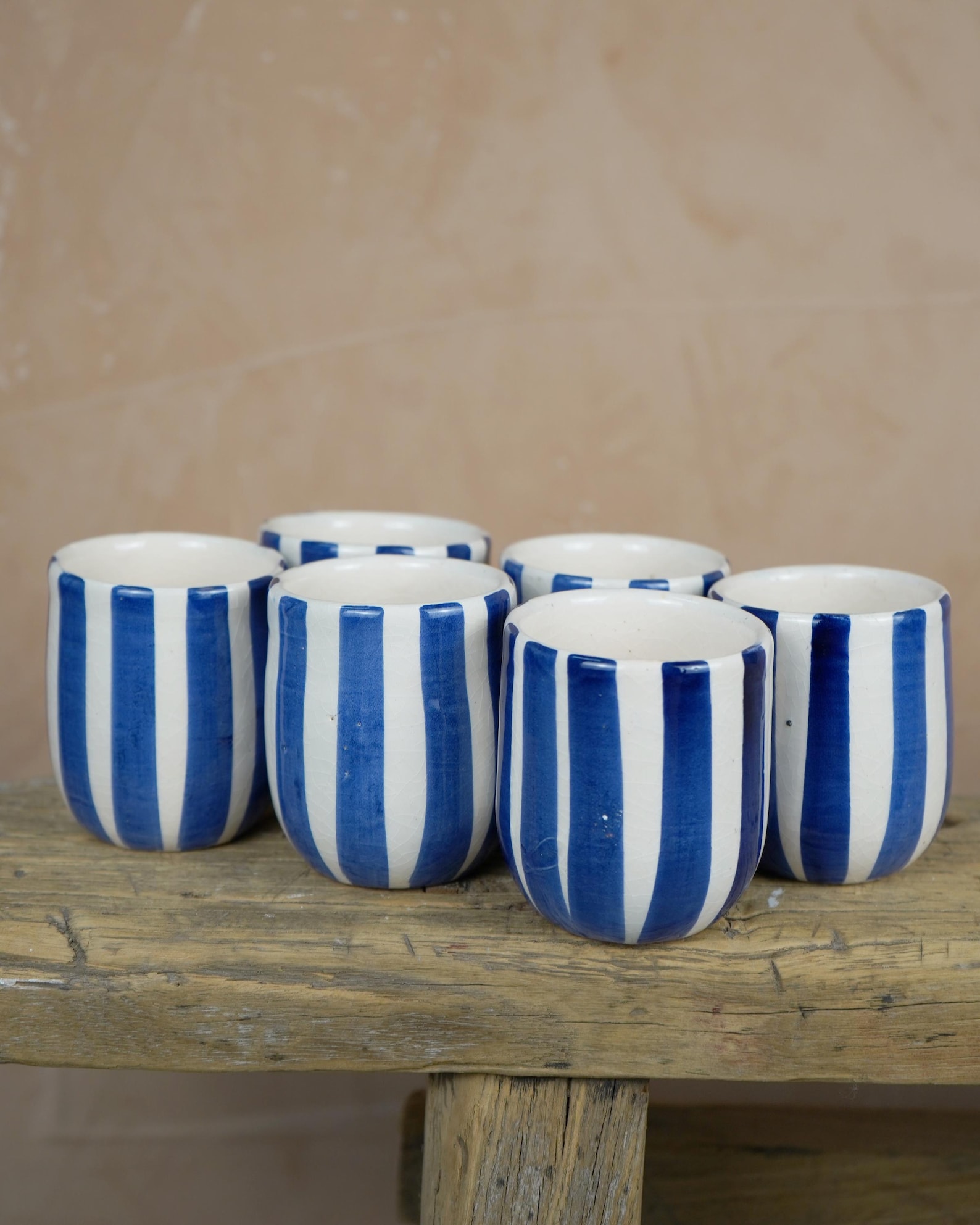Moroccan Handmade Striped Espresso Cup, Cortado Cup, Striped Pottery, Moroccan Pottery - Blue, Set of 3