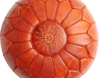 MID-SEASON SALE Deluxe Moroccan Saffron Leather Motif Pouffe, Handmade Artisan Ottoman Pouffe, Bean Bag Footstool, Floor Cushion,