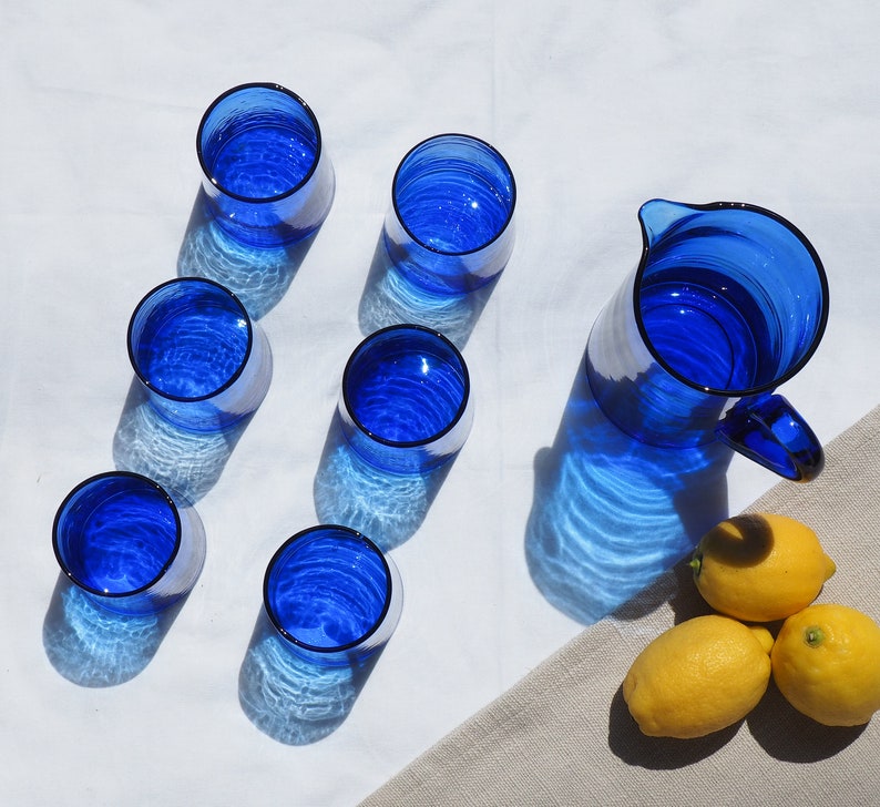 Vaso azul marroquí reciclado/vidrio highball, sostenible, hecho a mano, vidrio recuperado, vidrio soplado a mano, decoración del hogar imagen 4