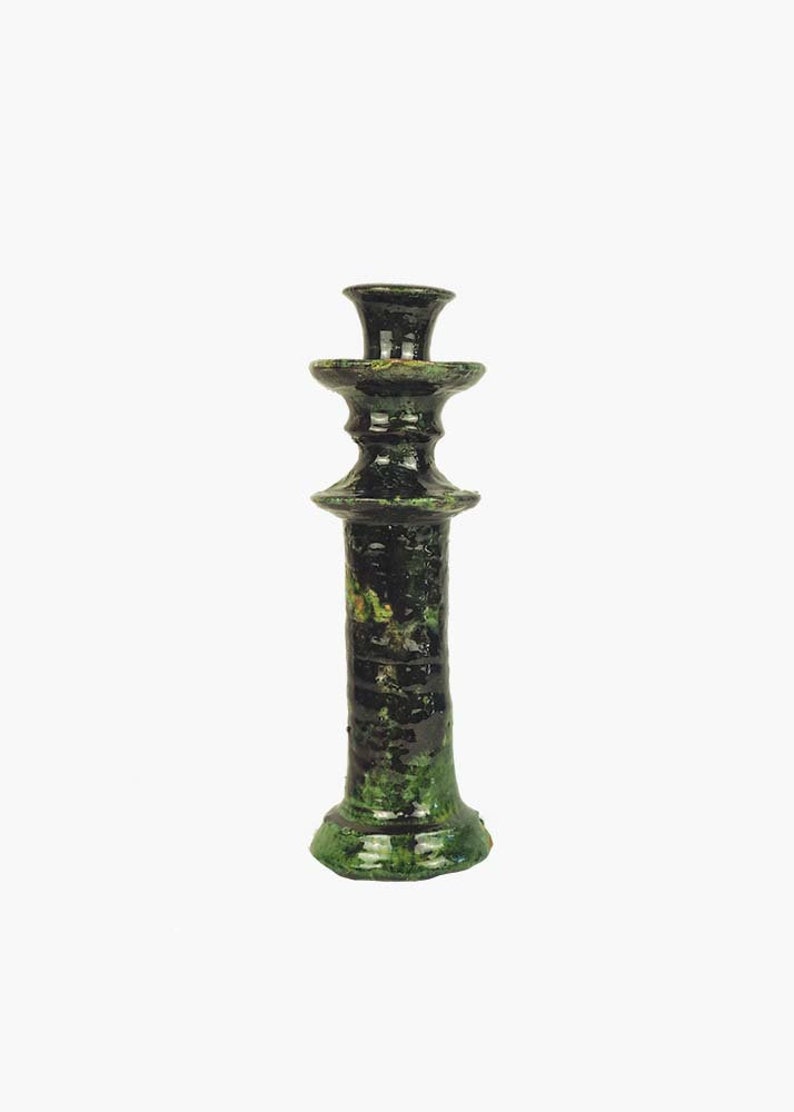 Moroccan Vintage Tamegroute 'Shaded Green' Candlestick Holder, Handmade Ceramic Glazed Pottery, Home Decor Large