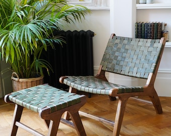 SLIGHT SECONDS SALE Sage Green Luxury Leather and Walnut Wood Woven Lounge Chair, Accent Chair, handmade armchair, woven leather