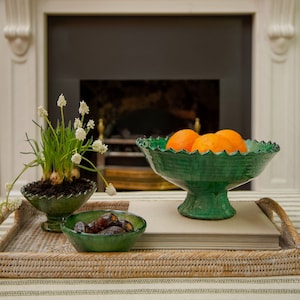 Moroccan Vintage Tamegroute Green Glazed Large Jagged Edge Pedestal Fruit Bowl, Handmade Ceramic Serving Bowl, Home Decor