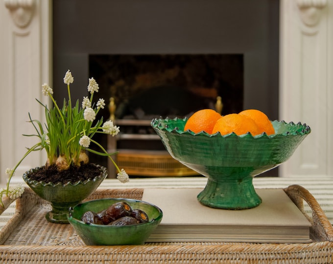 NEW SEASON SALE Moroccan Vintage Tamegroute Green Glazed Large Jagged Edge Pedestal Fruit Bowl, Handmade Ceramic Serving Bowl, Home Decor