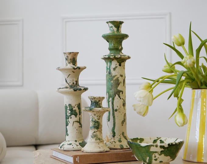 NEW SEASON SALE Moroccan Vintage Tamegroute Splatter Design Candlestick Holder, Handmade Ceramic Glazed Pottery, Home Decor, Raw Clay