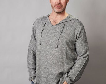 Anthrazit Marokkanischer Leinen Kapuzenpullover Lounge Wear, Unisex Handgewebtes Baumwoll-Leinenhemd, Leichte Loungewear, Bademode, Strandbekleidung, Resortwear