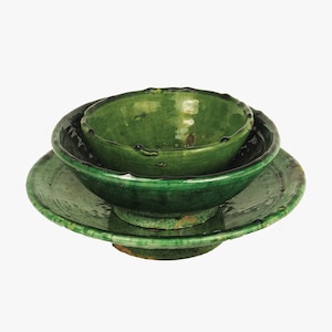 Moroccan Vintage Tamegroute Green Glazed Dining Set, Handmade Ceramic Bowl, Handmade plate, Dining Set, Home Decor, Nesting set