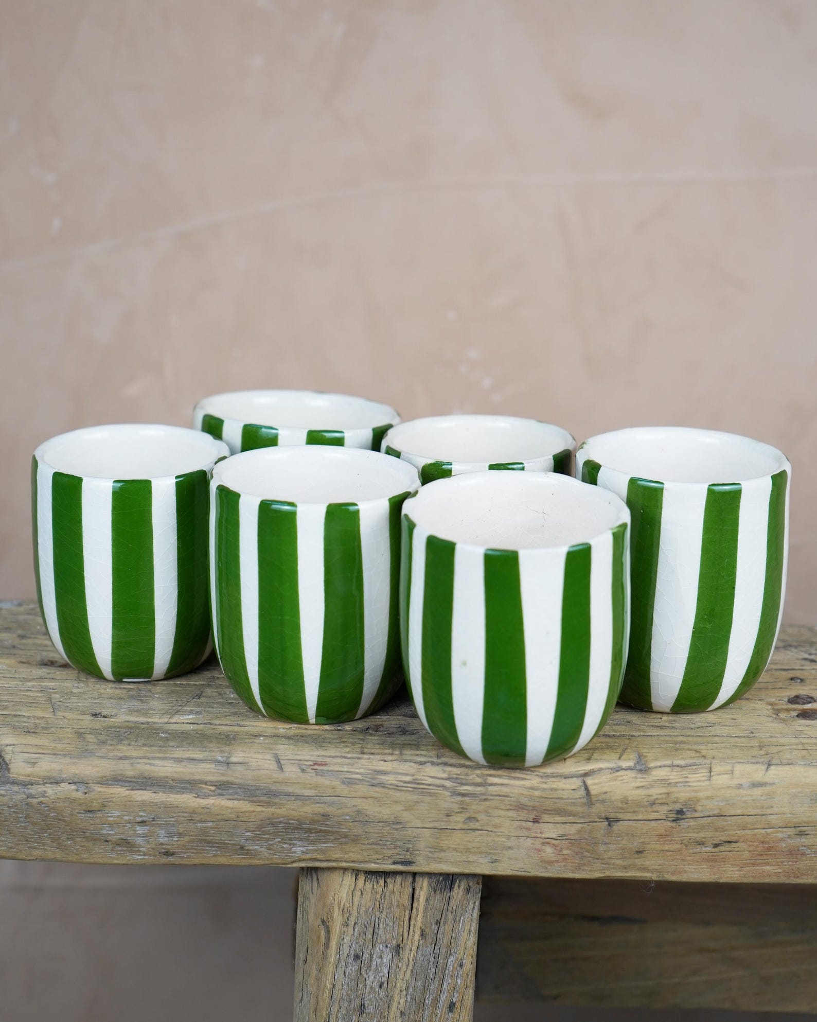 PAYDAY SALE Moroccan Handmade Striped Espresso Cup, Cortado Cup, Striped Pottery, Moroccan Pottery - Green, Set of 3