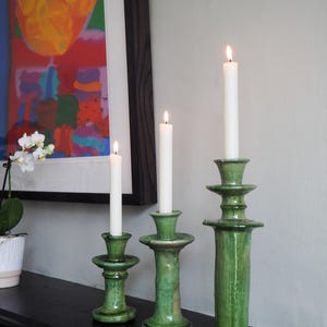 Set of 3 Moroccan Vintage Tamegroute Green Candlestick Holders, S, M, L, Handmade Ceramic Glazed Pottery, Home Decor