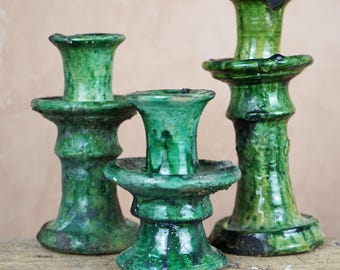 SALDI DI SECONDA CLASSE, Portacandele marocchino vintage verde Tamegroute, in ceramica smaltata fatta a mano