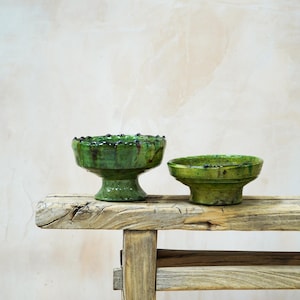Moroccan Vintage Tamegroute Footed Green Glazed Bowl, Handmade Ceramic Bowl, Serving Bowl, Ceramic Dining Bowl, Home Decor, Humous Bowl