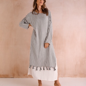 Moroccan Egyptian Cotton Thick Stripe Maxi Kaftan Dress with Handwoven Tassels, Beach Dress, Bohemian Beach Cover Ups, Gifts