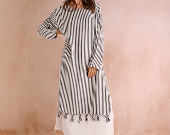 SUMMER SALE Moroccan Egyptian Cotton Thick Stripe Maxi Kaftan Dress with Handwoven Tassels, Beach Dress, Bohemian Beach Cover Ups, Gifts