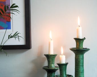 Moroccan Vintage Tamegroute Green Candlestick Holder, Handmade Ceramic Glazed Pottery, Home Decor