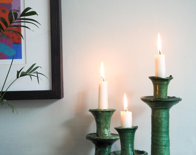 NEW SEASON SALE Moroccan Vintage Tamegroute Green Candlestick Holder, Handmade Ceramic Glazed Pottery, Home Decor